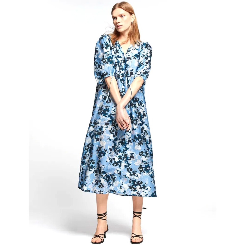& Other Stories Womens  Floral Midi Dress 10 Blue Day Out Brunch Summer Vacation